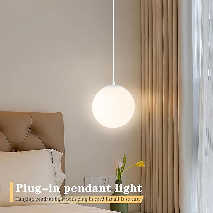 KoKo&Yukina 8" Globe Pendant Light White Plug in Pendant Light Adjustable Hanging Lights with Plug in Cord Matte White Finished with Milk Glass Lampshade for Bedroom Kitchen Island (Bulb Included)