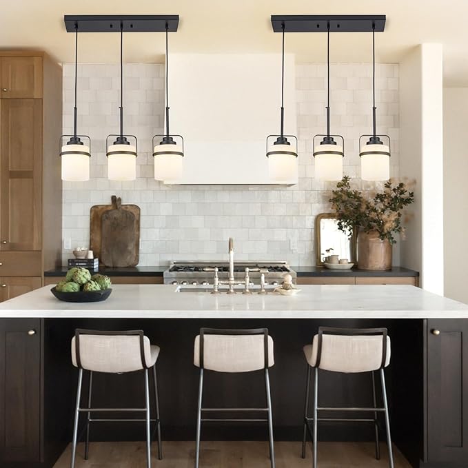 Black 3-Light Pendant Lighting, Adjustable Hanging Light Fixture with Milk Glass Shade, Modern Pendant Light for Kitchen Island Dining Room Bar Over Sink/Table/Counter
