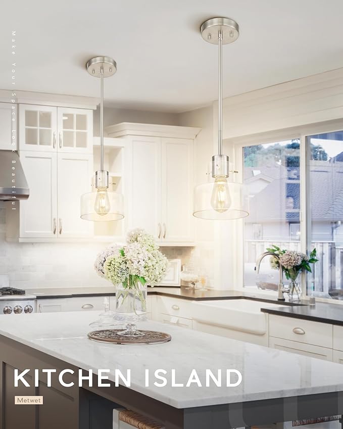 2 Pack Pendant Lights Kitchen Island, 6" Brushed Nickel Pendant Light Fixtures Over Island with Clear Glass Shade, Modern Kitchen Island Lighting for Dining Room Entryway, PL124-BN-G-2PK
