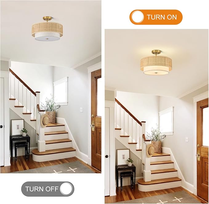 Semi Flush Mount Ceiling Light, 16" Gold Light Fixtures Ceiling Mount, 3-Light Boho Rattan Linen Drum Light Fixture, Modern Farmhouse Chandelier for Bedroom Entryway Living Room Hallway Foyer
