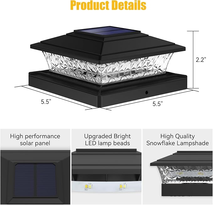 APONUO Solar Post Lights Outdoor, 2 Lighting Modes 16 LEDs Solar Post Cap Lights for 4x4 5x5 6x6 Vinyl Wooden Posts Waterproof Fence Post Lights Solar Powered for Deck/Fence/Porch (Black,6 Pack)