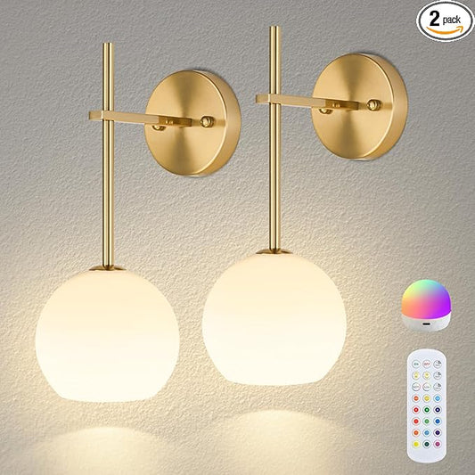 Gold Battery Operated Wall Sconces Set of 2, Wireless Rechargeable Wall Light Fixtures for Home Decor, 12 RGB and 3CCT Dimmable Wall Lamps with Remote for Bedroom Living Room Hallway