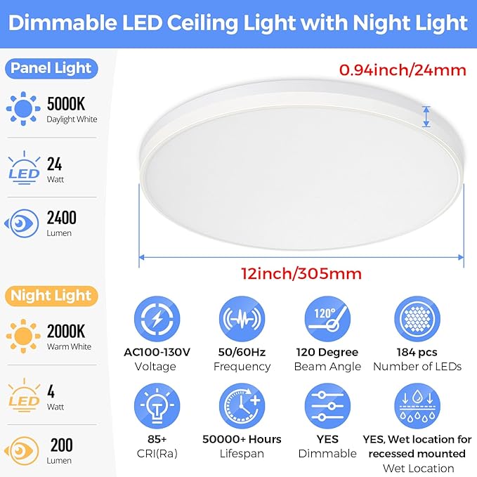 SunRider 2-Pack LED Flush Mount Ceiling Light Fixture with Night Light, 5000K Daylight White, 12 Inch 24W 2400LM Round Dimmable Flat Ceiling Lamp