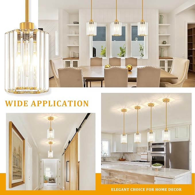 3-Pack Brushed Gold Pendant Lights Kitchen Island Modern Crystal Hanging Pendant Light Hexagonal Mini Chandelier Adjustable Hanging Kitchen Lights for Dining Room Hallway Bedroom Entryway Pendant Lamp