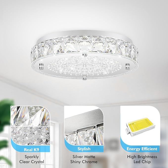 Crystal Flush Mount Chandeliers, LED Ceiling Light Fixture 13-Inch, 5000K Daylight White Super Bright 3300LM Dimmable Farmhouse Kitchen Light Modern Ceiling Lamp for Bedroom Bathroom Nursery