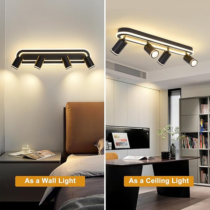 LED 4 Light Track Lighting Spotlight Kit, Black Ceiling Spotlights, Modern Track Light Fixture with Flexibly Rotatable Light Heads, 50W+20W Dual Lighting for Kitchen Living Room,Includes 4 x GU10 Bulb