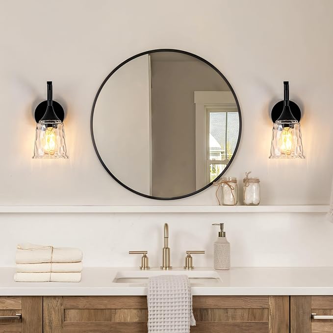 Black Wall Sconce，Modern Bathroom Wall Sconce Lights with Clear Glass Shade, Farmhouse Vanity Light Fixtures for Bedroom Mirror Hallway Entryway