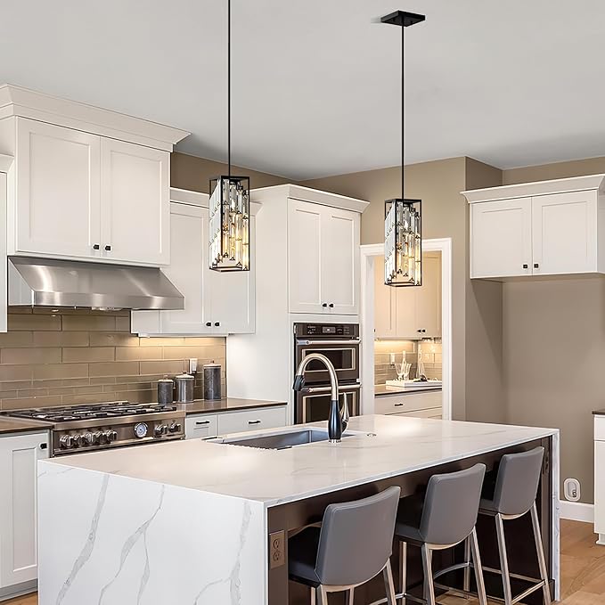 Black Pendant Lights Kitchen Island 2 Pack, Mini Crystal Chandeliers, Modern Pendant Lights Ceiling Lighting Fixtures for Kitchen Island, Dinning Room, Bedroom