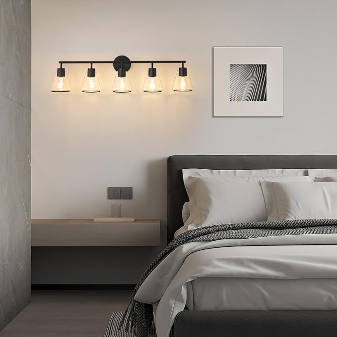 Bathroom Vanity Light 5 Light, Modern Vanity Lighting Fixture for Bathroom, 38.5" Vanity Lights with Clear Glass Shade, Black Bath-Room Wall Light Over Mirror, Wall Sconces for Bath