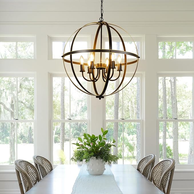 DLLT 6-Light Orb Chandelier, Black and Gold Globe Pendant Lights, Industrial Sphere Pendant Lighting Over Island, Adjustable Hanging Light with Metal Cage for Dining Room Foyer, E12 Bulbs Not Included