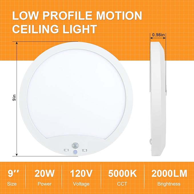 2-Pack Motion Sensor Ceiling Lights Hard-Wired, 9Inch Indoor Motion Activated LED Ceiling Light Fixtures with 3 Modes, Flush Mount Lights for Closet Stairwell Hallway, NOT Battery Operated, 5000K