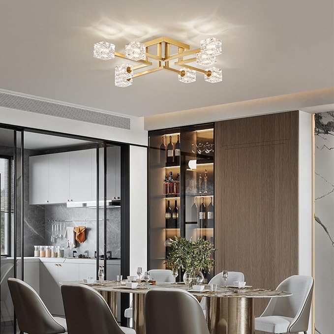 XINGQI Gold Modern Sputnik Chandelier Farmhouse Ceiling 8 Lights Industry Semi Flush Mount Ceiling Light Fixture, Mid Century for Dining Room, Farmhouse Kitchen, Bedroom, Office