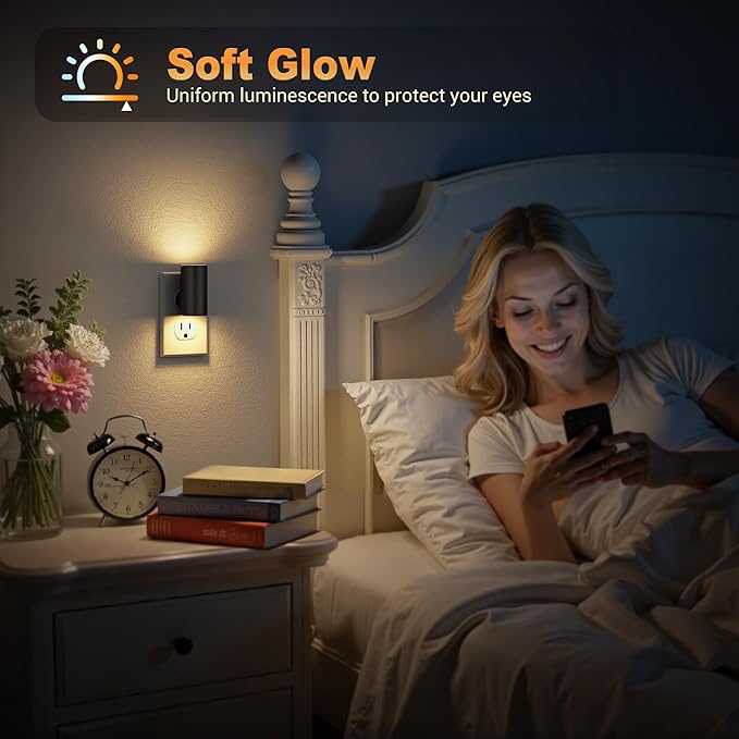 JandCase LED Night Light Plug in, Rotating Night Lights Plug into Wall [4 Pack], Dusk to Dawn Sensor, 2 Level Brightness Adjustable Nightlight, Warm White 3000K, for Bathroom Bedroom Hallway Stairs