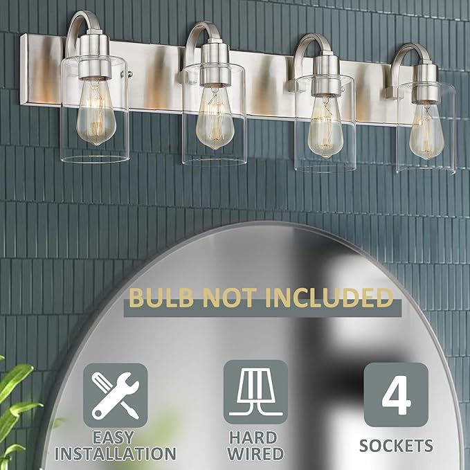 Emliviar 4-Light Vanity Light Fixture - Modern Bathroom Lighting Fixture, Brushed Nickel Finish with Clear Glass, YCE237B-4W BN