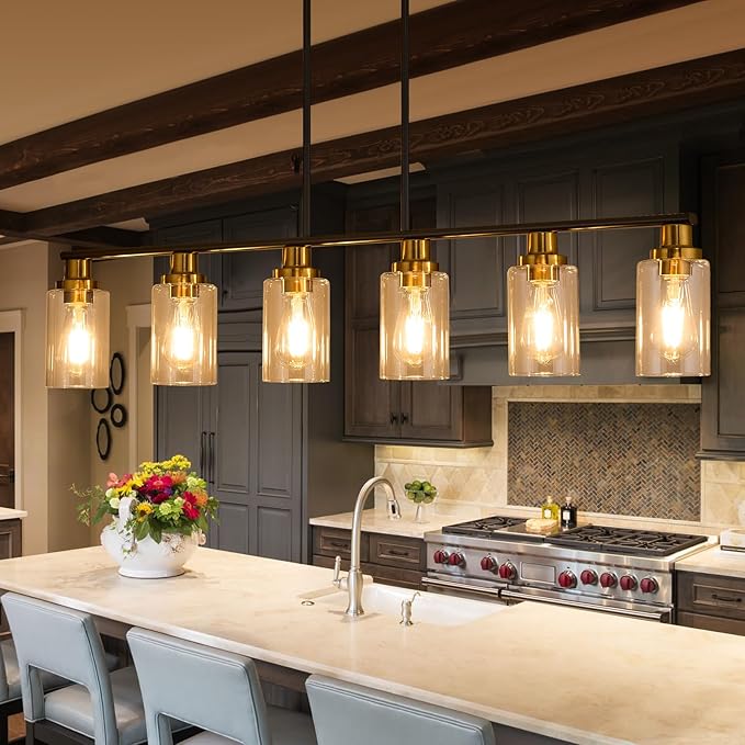 Island Light for Kitchen, 6-Light Farmhouse Dining Room Light Fixture with Clear Glass Shade, 44.3'' Matte Black and Gold Linear Chandelier Pendant Lighting for Dining Table Kitchen Living Room