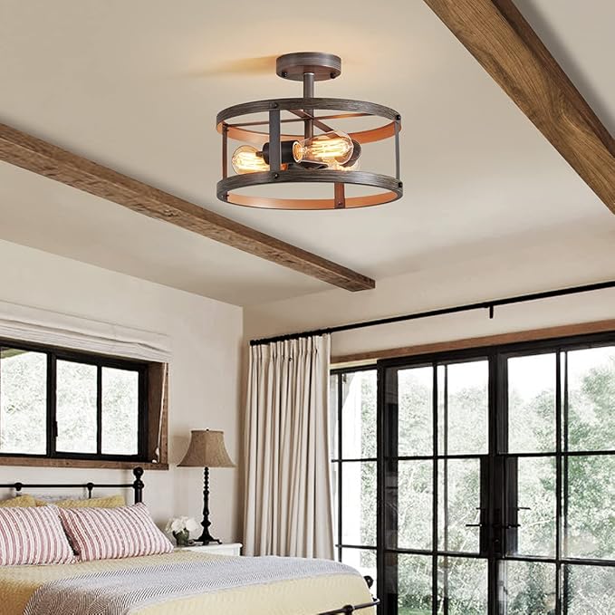 AGV LIGHTING Farmhouse Semi Flush Mount Ceiling Light Fixture, Rustic Style Close to Ceiling Light with 3-Light, Faux Oka Wood Texture with Brushed Grey Finish