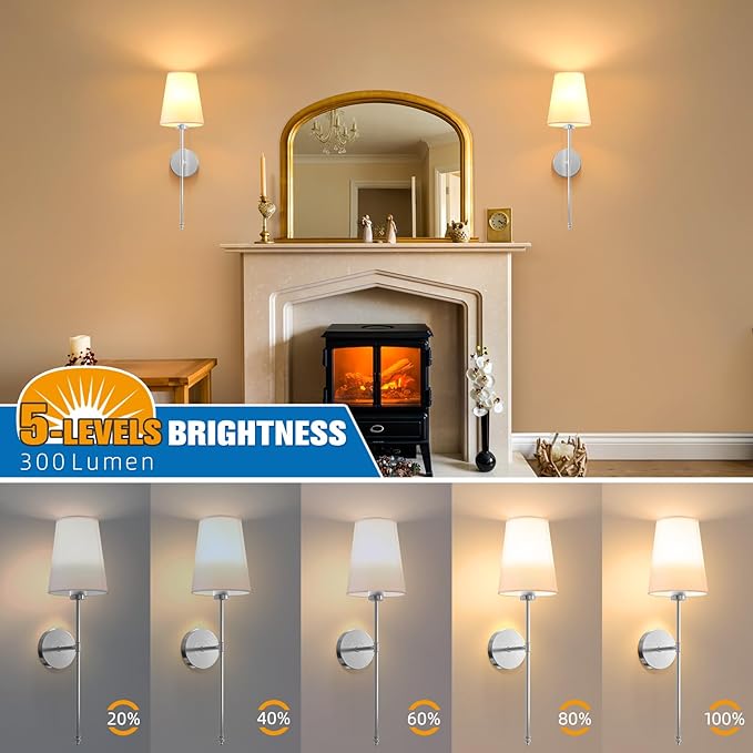 NIORSUN 25.4 inch Brushed Nickel Battery Operated Wall Sconce Set of 2,Rechargeable Wall Lights with Dimmable Detachable Bulbs and Remote,9 Colors Wireless Sconces for Bedroom Living Room Hallway