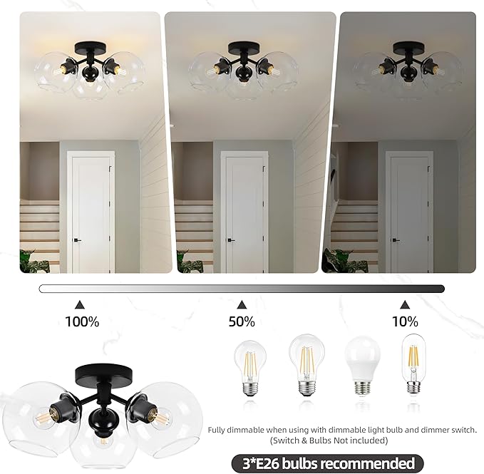 KoKo&Yukina 3-Light Mid Century Modern Black Semi Flush Mount Ceiling Light Globe Sputnik Chandelier Fixture Clear Glass Globe Ceiling Lights for Bedroom Living Room Hallway Entryway Foyer