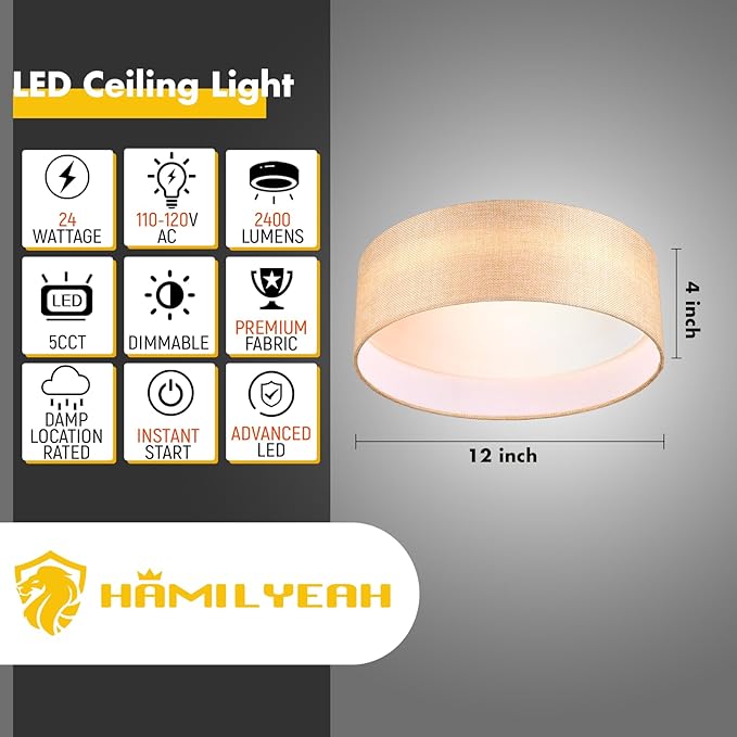 Hamilyeah 12 inch LED Flush Mount Ceiling Light, Gold Fabric, 24W 5CCT, Modern Kitchen Bathroom Living Room Lighting Fixture
