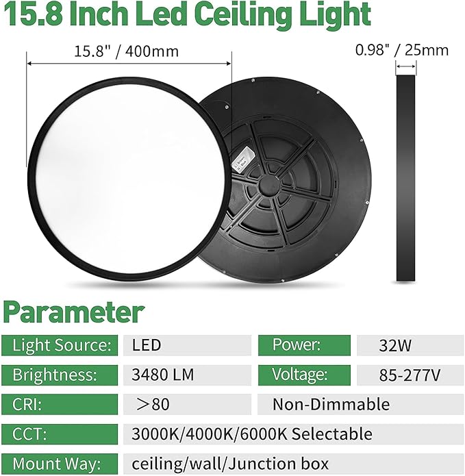 15.8 Inch Black LED Flush Mount Ceiling Light, 32W, 3480LM, 3000K/4000K/6000K CCT Selectable, Round Flat Panel Light Fits Hallways, Kitchens, Bedrooms, Laundry Rooms