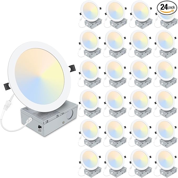 LZHOME 24 Packs 8 Inch Recessed LED Light: Ultra Thin LED Recessed Lighting with Junction Box, 3000K/4500K/6000K Selectable,Ceiling Light, High Brightness 1800LM Dimmable Canless LED Downlight