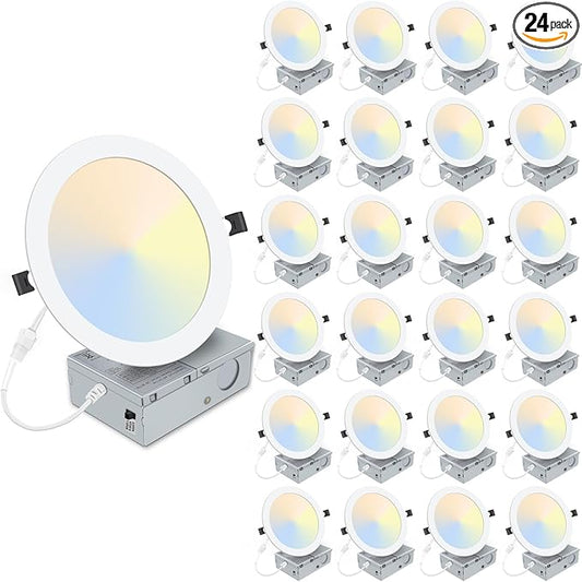 LZHOME 24 Packs 8 Inch Recessed LED Light: Ultra Thin LED Recessed Lighting with Junction Box, 3000K/4500K/6000K Selectable,Ceiling Light, High Brightness 1800LM Dimmable Canless LED Downlight
