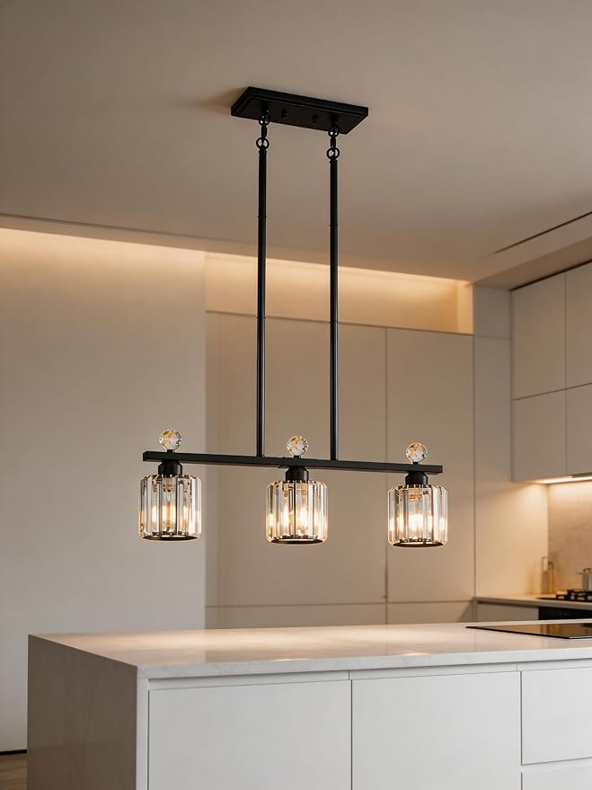 Modern Dining Room Light Fixture Over Table, Crystal Pendant Lights Kitchen Island, Chandeliers for Dining Room Kitchen Light Fixtures (E26) 3-Light Black
