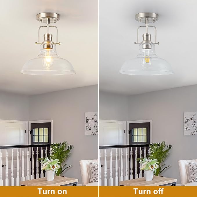WILON Farmhouse Glass Semi Flush Mount Ceiling Light Fixture, Kitchen Lighting Fixtures Industrial Ceiling Lamp for Hallway Bedroom Kitchen Laundry Room (Brushed Nickel & Seeded, 1 Pack)