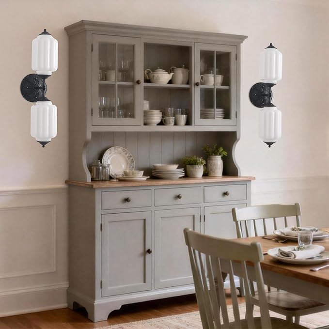 LOUSACE Vintage Milk White Glass Bathroom Vanity Light - 2-Light Wall Sconce with Aluminum Base & White Glass Shade - Wall Sconce Lighting for Bathroom Mirror Living Room Gallery (Bulbs Included)