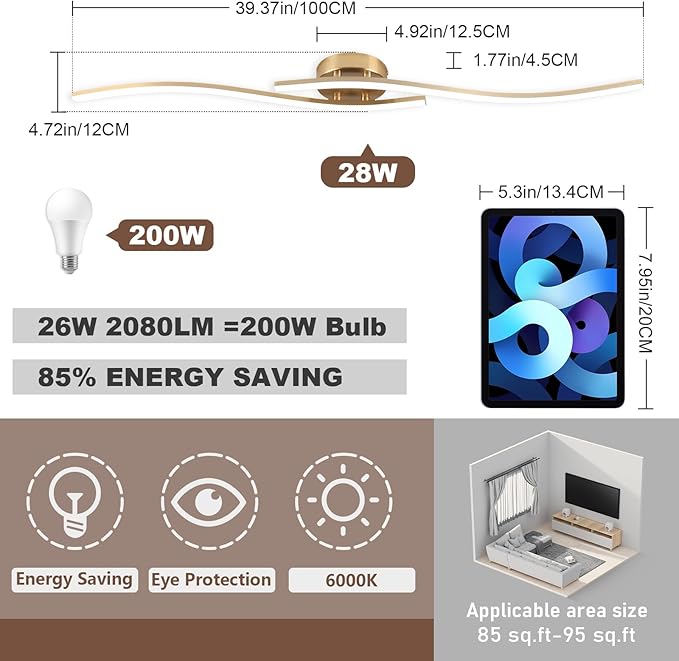 28W Linear Ceiling Light Gold Modern LED Ceiling Light Fixture 6000K Aluminum 39.37Inch Long Ceiling Lamp for Hallway, Kitchen, Bedroom, Dining Room