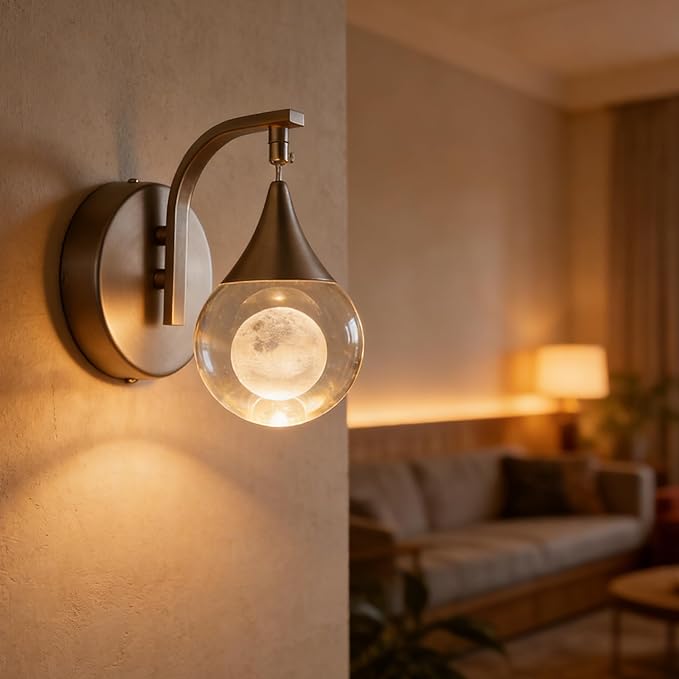 Sedelan Crystal Wall Sconce, Indoor LED Modern Wall Sconces, 5W Dimmable Moon Wall Light for Bedroom Bedside Bathroom Living Room Corridor, Sand Nickel