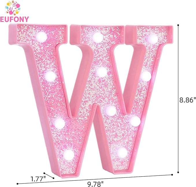 Pink Marquee Light Up Letters, Glitter Alphabet LED Letter Lights for Pink Birthday Party Decorations, Battery Operated Letter Sign for Girls Room Vanity Table Decor, Cool White Lights Letter W