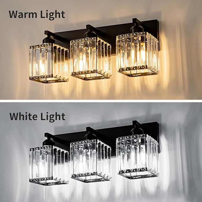Black Bathroom Vanity Light 3 Lights, Crystal Bathroom Wall Light Fixtures Modern Vanity Light Over Mirror (Exclude Bulb)