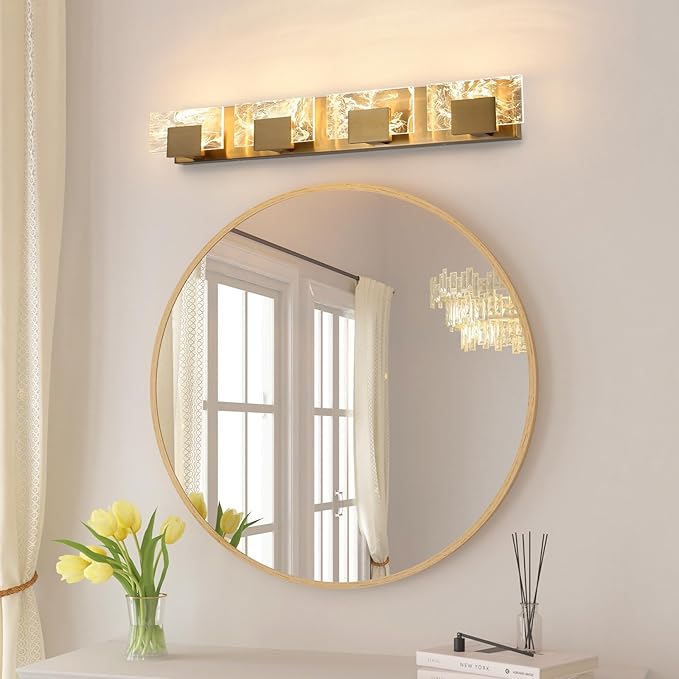 LED Bathroom Vanity Light: 32 inch Brushed Gold Acrylic Modern Lighting Fixtures - 4 Lights Contemporary Smoke Design Wall Lights Fixture Over Mirror 3000K