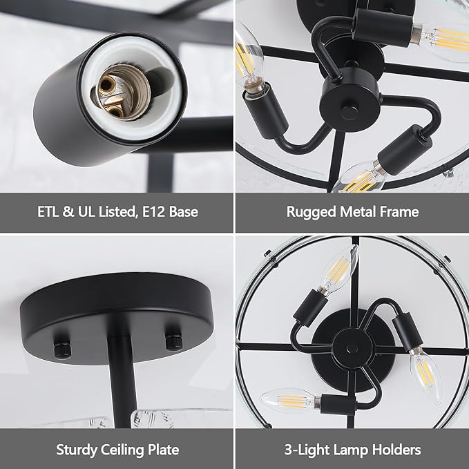 Black Semi Flush Mount Ceiling Light, 3-Light Foyer Lighting Fixtures, 12.6" Glass Hallway Entryway Ceiling Light Fixture for Dining Room Kitchen Bedroom Living Room