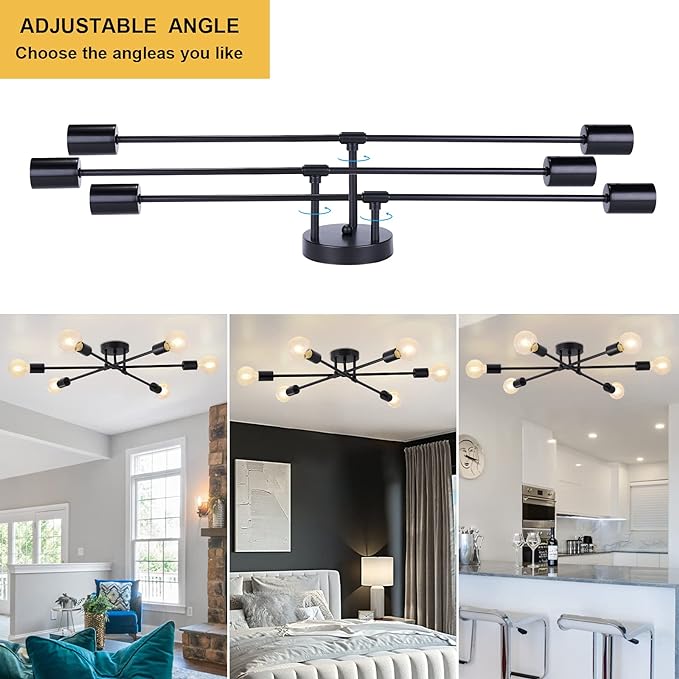 6-Light Sputnik Chandeliers, Black Modern Semi Flush Mount Ceiling Light with E26 Base, Mid Century Industrial Vintage Kitchen Farmhouse Light Fixtures for Dining Room Bedroom Living Room