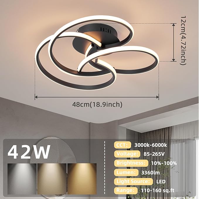 CANEOE Modern Led Ceiling Light, 42W Dimmable Close to Ceiling Light Fixture with Remote Control, Flush Mount Led Ceiling Lamp for Bedroom Living Dining Room Kitchen
