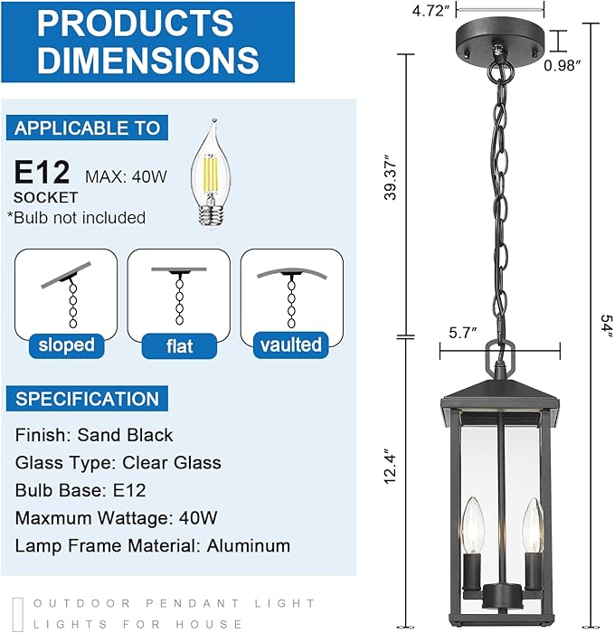 Outdoor Pendant Light for Porch Chandelier Outdoor Pendant Lights 2-Light with Clear Glass, Dusk to Dawn Modern Hanging Porch Lights Exterior Hanging Light Fixture for Patio Gazebo