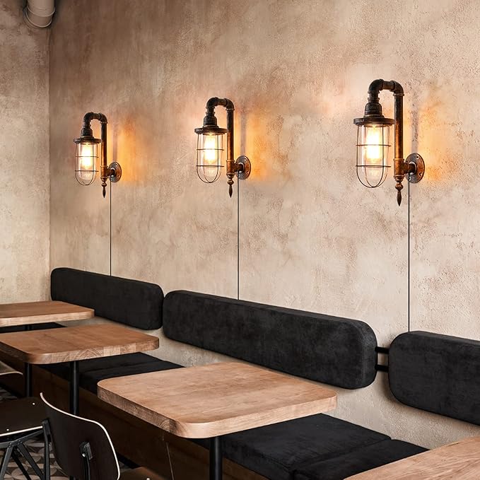 Industrial Plug in Wall Light E26 Base Edison Wire Retro Style Vintage Wall Lights with 5.9Ft Adjustable Plug in Cord Rustic Wall Sconce Fixture for Headboard Bedroom Porch - Cage
