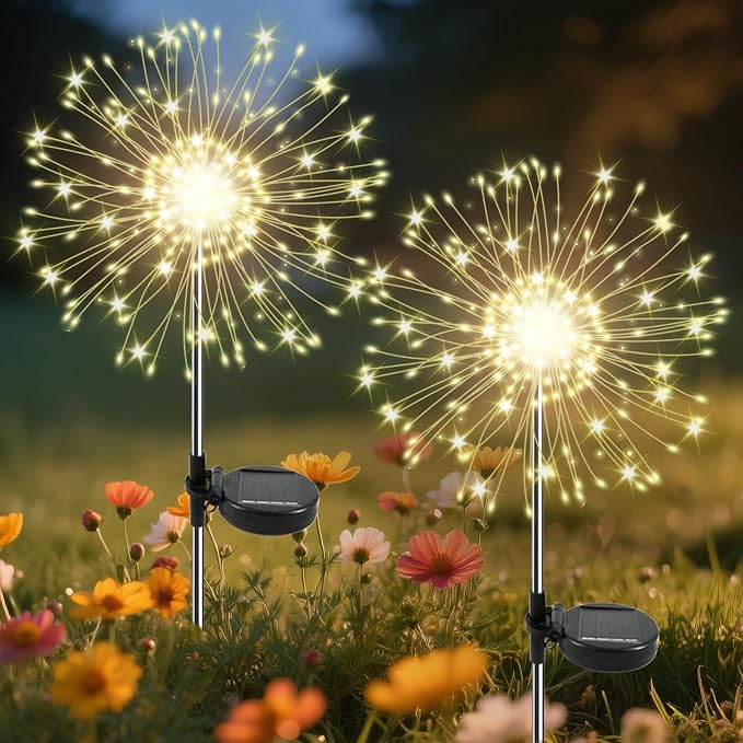 Garden Outdoor Lights, 2 Pack 120 LED Solar Garden Lights Fairy Solar Lights Outdoor Waterproof Decorative Solar Firework Lights for Yard Patio Pathway Flowerbed Party Wedding Decor, Warm White