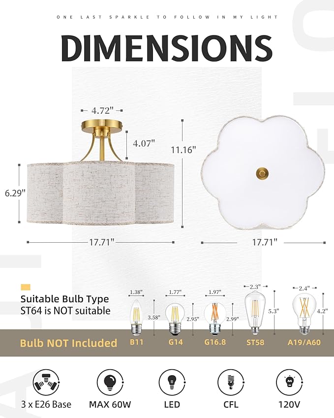 AUTELO 3-Light Modern Ceiling Light, 17.7 Inch Brushed Gold Semi-Flush Mount Ceiling Light with Flower-Shaped White Fabric, Vintage Ceiling Light for Kitchen Island Hallway, C2507 BGL-6