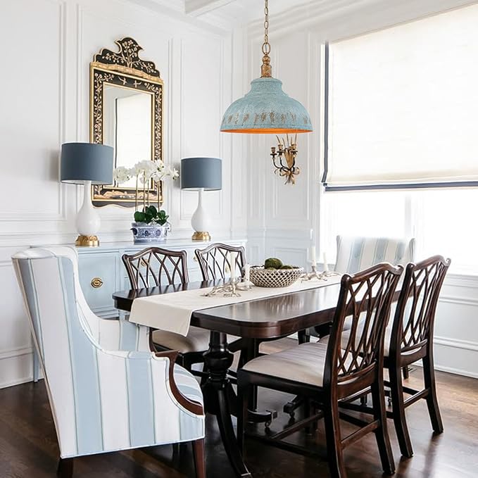 Single Pendant Lights, 15.75” Peacock Green Kitchen Island Lighting, Hanging Lamp for Dining Room, Vintage Light Fixtures for Living Room with Adjustable Chain for Flat Sloped Ceilings