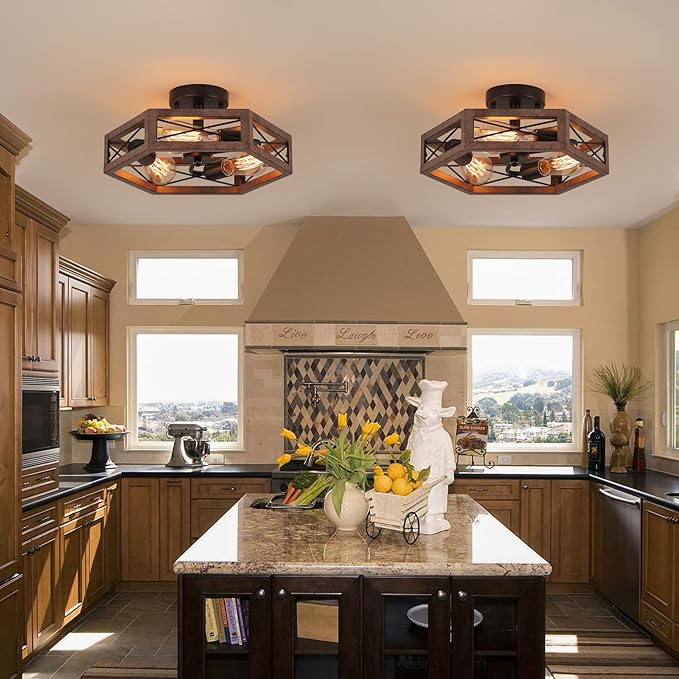 3-Light Rustic Farmhouse Metal Flush Mount Ceiling Light Fixture 14.5 inch Antique Oak Hexagon Cage Semi Flush Mount Ceiling Light for Hallway Hall Entry Bedroom Kitchen Farmhouse, Black