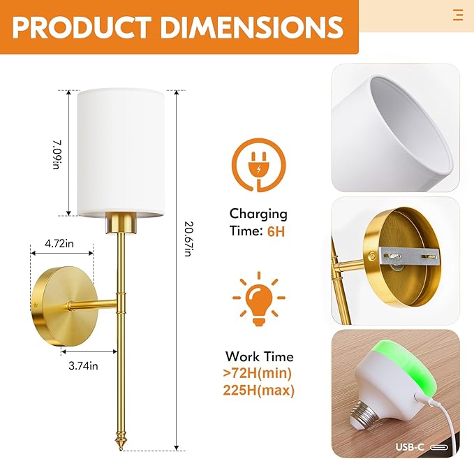 NIORSUN Battery Operated Wall Sconce Set of 2, Gold Wireless Rechargeable Wall Lights with 5200mAh Dimmable Detachable Bulbs and Remote, 9 Colors Sconces Wall Decor for Bedroom Living Room Hallway