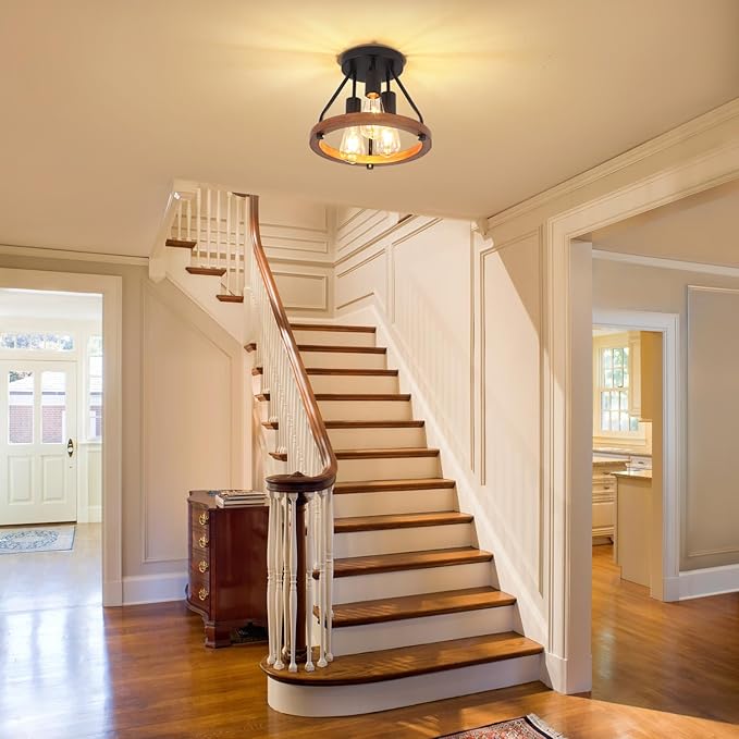 Modern Farmhouse Wood Semi Flush Mount Ceiling Light, Hallway Light Fixtures, Entryway Light Fixture, 3-Light Rustic Industrial Ceiling Lamp for Kitchen Bedroom Laundry Dining Room Lighting Fixtures