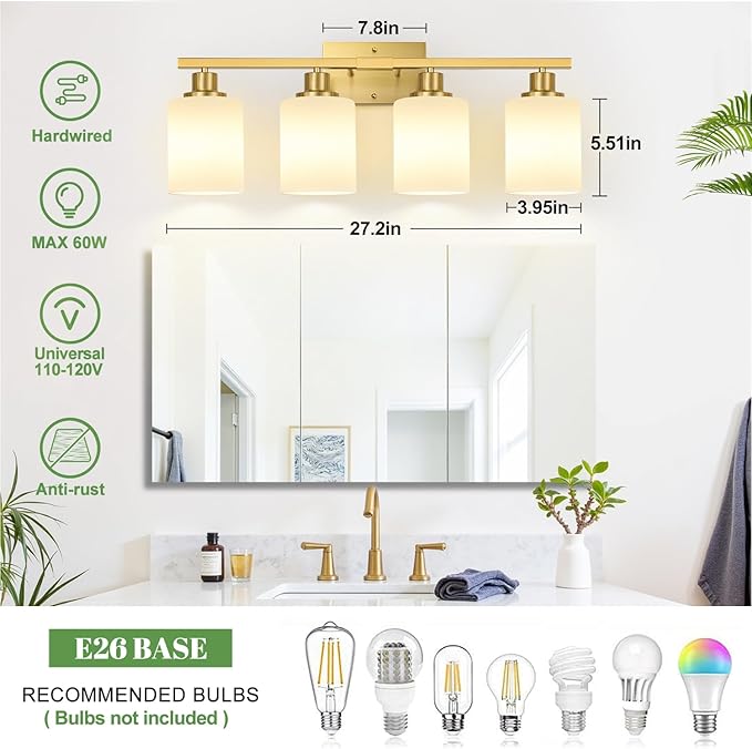 MOKATNG 4-Light Bathroom Light Fixtures, Brushed Gold Vanity Light with Milky White Shades, Bathroom Lighting Fixtures Over Mirror, Modern Bathroom Wall Lamp for Mirror Living Room Cabinet Bedroom