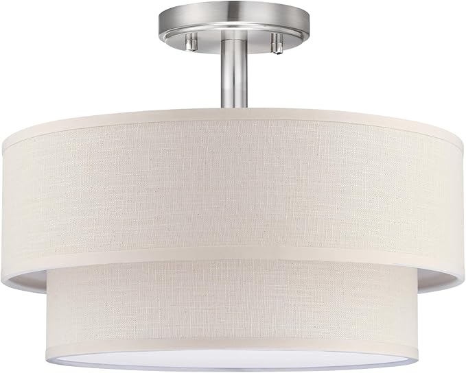 3 Lights 12 Inch Semi Flush Mount Close to Ceiling Light Fixture,Cream Fabric Shade Brushed Nickel Finish for Bedroom,Living Room,Dining Room Hallway