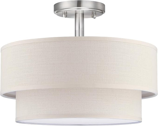 3 Lights 12 Inch Semi Flush Mount Close to Ceiling Light Fixture,Cream Fabric Shade Brushed Nickel Finish for Bedroom,Living Room,Dining Room Hallway
