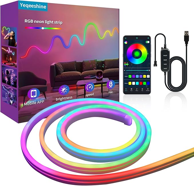 LED Neon Rope Light, 9.84FT RGB LED Strip Light APP Control, Button Control, 5V Music Sync Color Changing Rope Light, IP65 Waterproof LED Light for Bedroom Gaming, Halloween Party Decor
