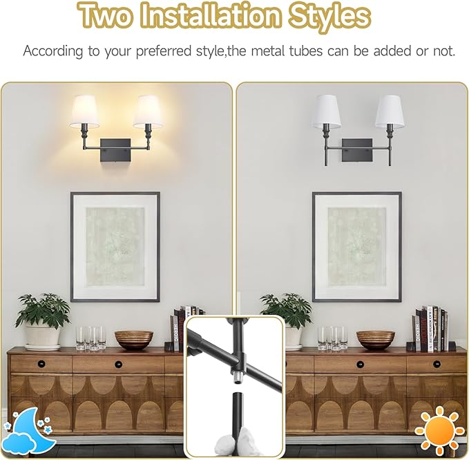 Bathroom Vanity Light,Vintage Bathroom Lighting Fixture Over Mirror,2-Light Black Vanity Light,Double Wall Sconce With Flared White Fabric Lampshade For Bedroom,Living Room,Hardwired, E12 Base